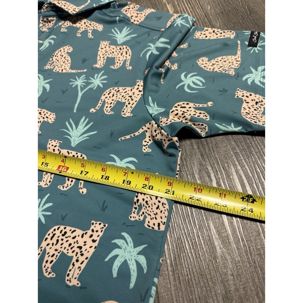 Bad Birdie Men's Medium Leopards & Palm Trees Soft Green Golf Polo Shirt - Picture 4 of 4